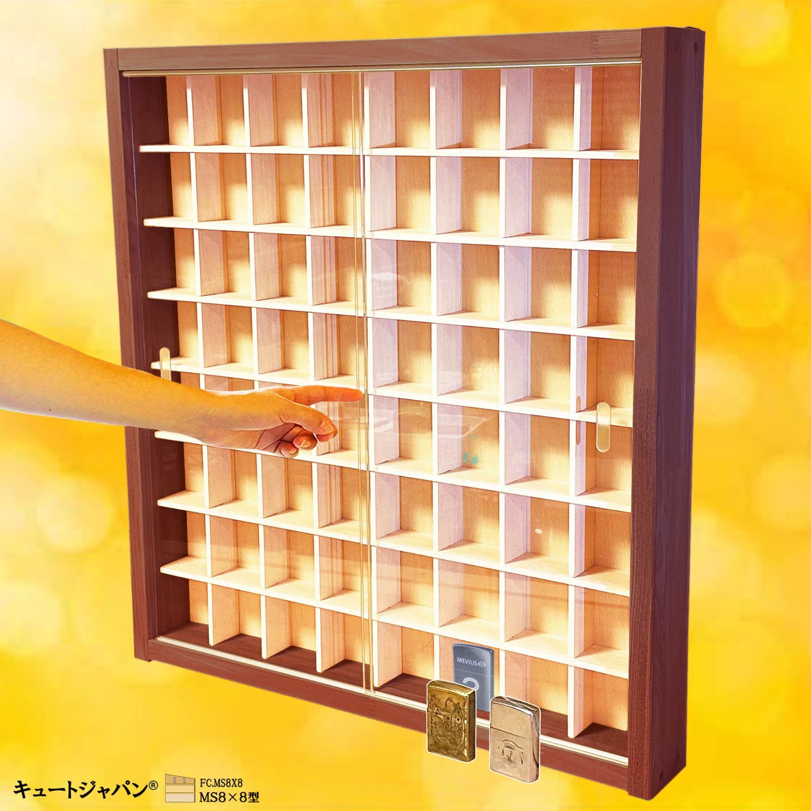 ZIPPO ライター収納 コレクションケース アクリル障子付 マホガニ色塗装 ZIPPO ライター収納 コレクションケース アクリル障子付 マホガニ色