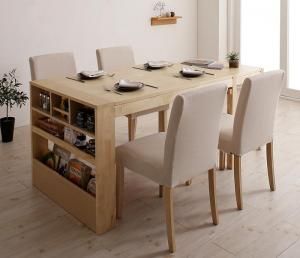 無段階に広がる スライド伸縮テーブル ダイニングセット 4人 5点セット テーブル チェア4脚 シェルフタイプ W120-200