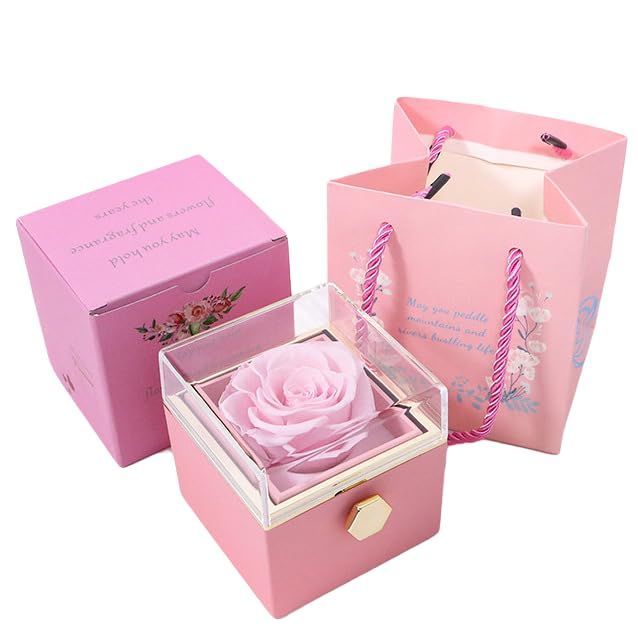 ロマンチックな告白永遠の花バラ回転ジュエリーボックス完成品指輪ネックレス反転ジュエリー収納ボックス… (ピンク)