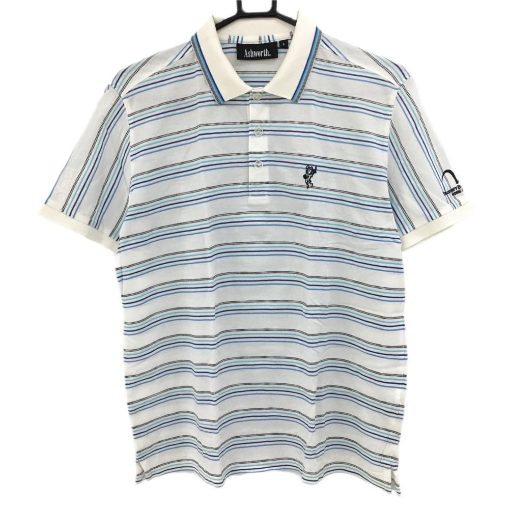 アシュワース 半袖ポロシャツ 白×ブルー ボーダー メンズ S ゴルフウェア ASHWORTH 950円