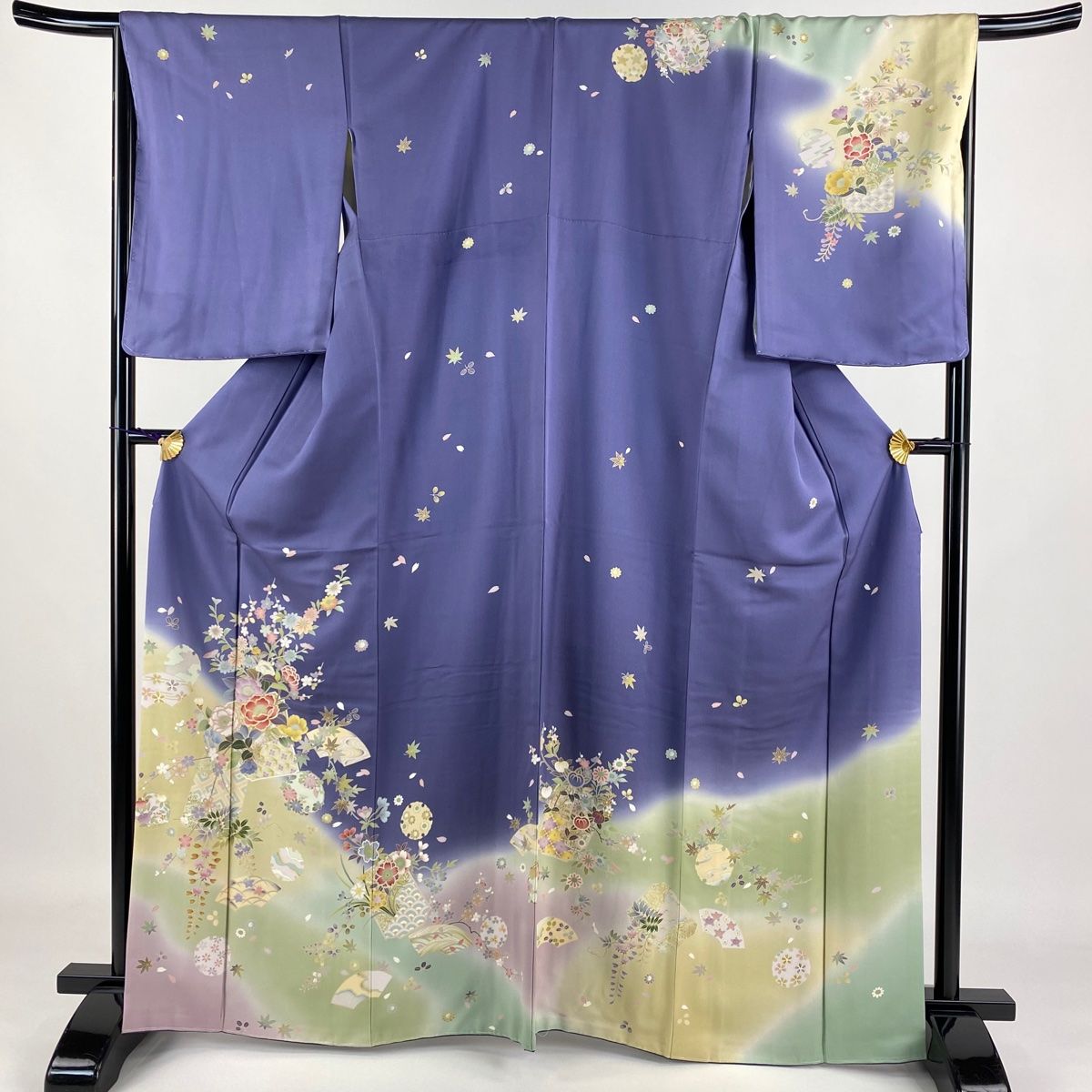 訪問着 身丈164cm 裄丈68cm L 袷 草花 破れ色紙 金糸 金彩 紫 正絹
