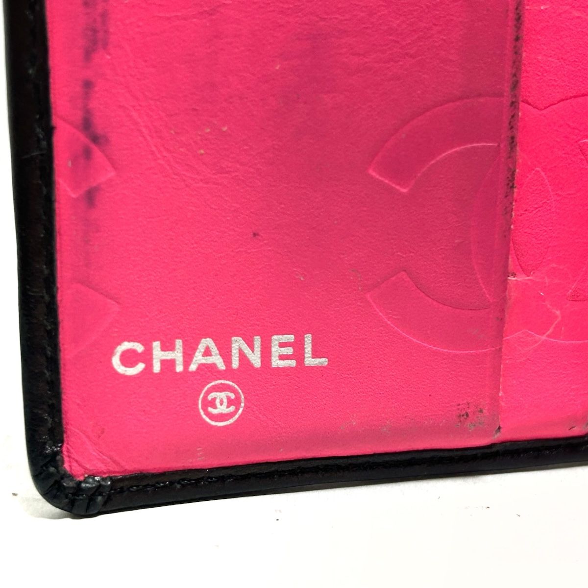 CHANEL(シャネル) 2つ折り財布 カンボンライン 黒×白 がま口 ラムスキン