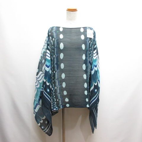 プリーツプリーズ PLEATS PLEASE ISSEY MIYAKE プリーツ ポンチョ カットソー ネイビー系 ピーコック柄 PP64-AD281 イッセイミヤケ 日本製 タグ付き