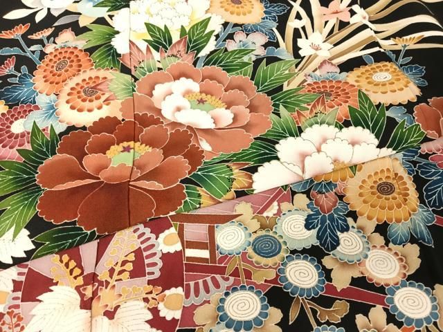 平和屋着物○本加賀友禅作家 寺西次作 黒留袖 花車文 正絹 逸品