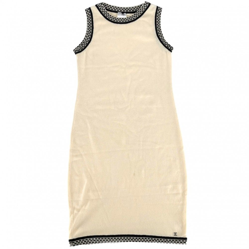 シャネル アンサンブル レディース ココマーク ロングカーディガン ノースリーブワンピース セット ヴィンテージ アパレル 服 ニット CHANEL 40 ベージュ ブラック 黒 カシミヤ 春 秋 品