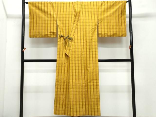 平和屋着物＃本場黄八丈 平織 紬 道中着 ロング丈 格子柄 正絹 CAAY2969vf