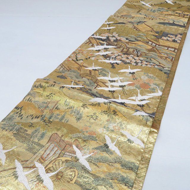 袋帯 中古 正絹 全通 本金箔 群鶴洛中洛外図 箔糸 多色 金 A1211