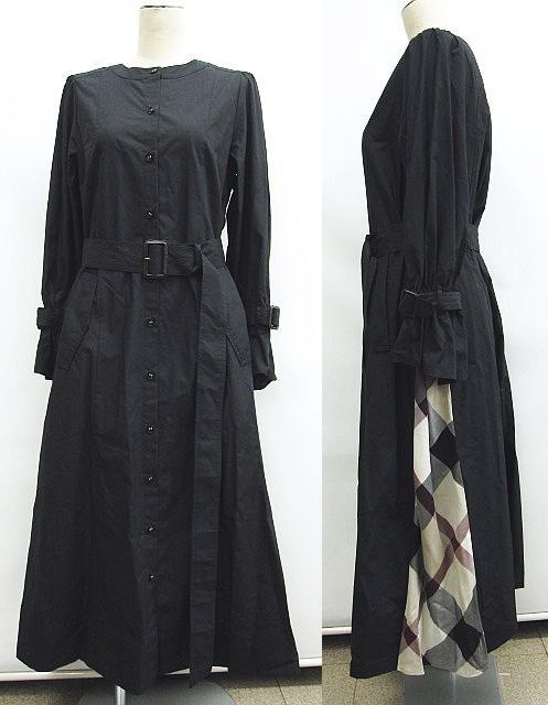 BLUE LABEL CRESTBRIDGE ブルーレーベル 黒 ブラック 側面チェック柄 ベルト付 袖口フ サイズ38 三陽商会 L0001-1022-4