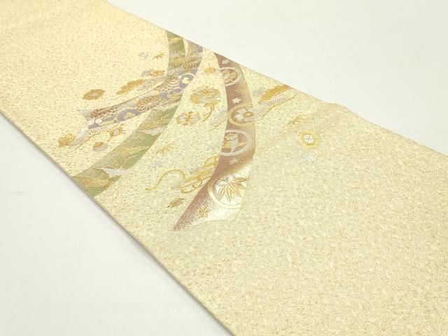 美品 和田光正 金通し地の袋帯 幾何学松文様 シャンパンゴールド 作家物 金彩 平和屋着物○金彩友禅 卓越技能者・名工・和田光正 太鼓柄袋帯 鬘