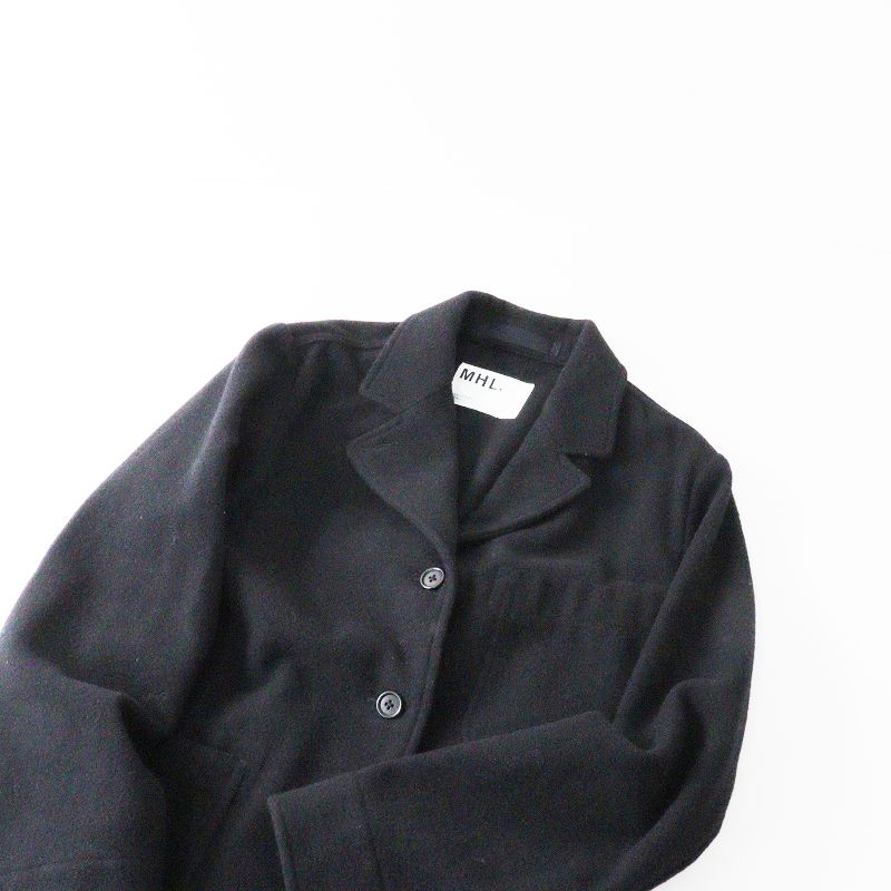 美品 MHL. FELTED WOOL TWILL ジャケット コート ブラック COTTON TWILL GARMENT DYED TIE-LOCKEN COAT(M Navy): S'YTE