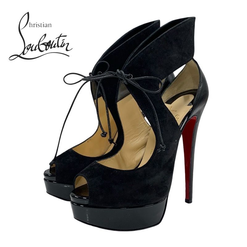 クリスチャンルブタン　プラットフォーム　スウェード CHRISTIAN LOUBOUTIN Red Suede Gold Studded Spike Peep Toe
