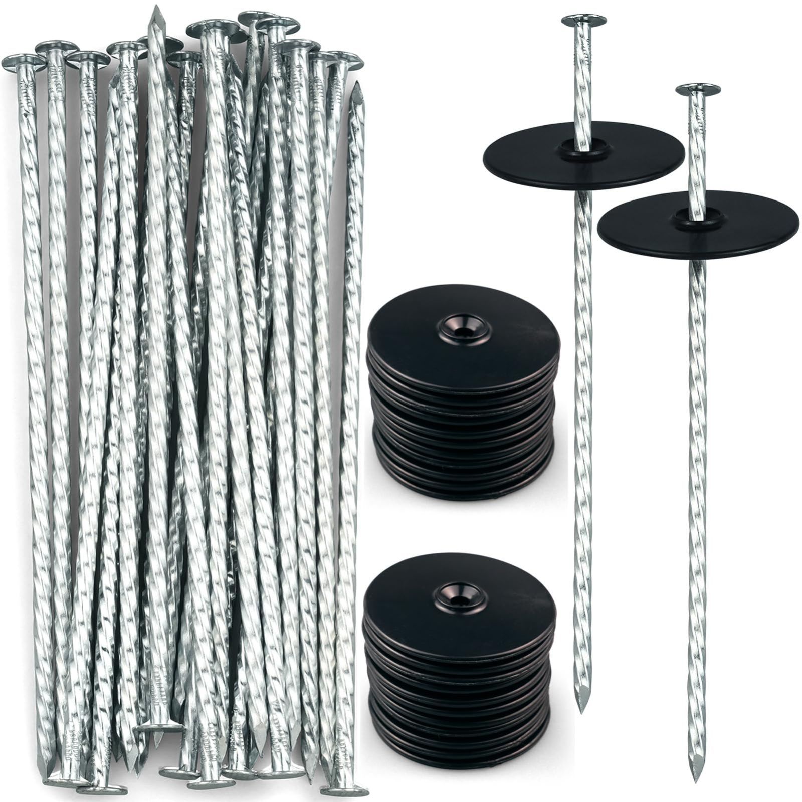 Model 200本セット20cmピン杭 黒丸 JUHUILAI 螺旋ピン杭 黒丸付き 200本セット 防草シート 除草シート 固定用 押さえピン 園芸用シート ネット 20cm×1.4cm×0.5cm
