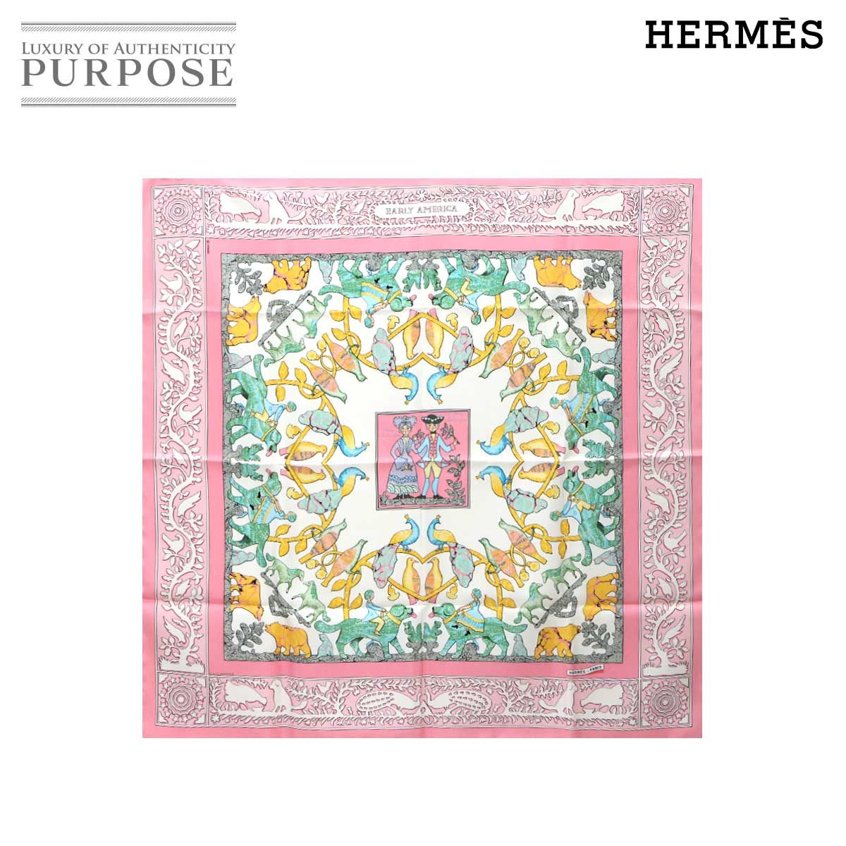 ♥ 展示品 エルメス HERMES カレ 90 大判 スカーフ Early America 古き良きアメリカ シルク ピンク Carre Scarf 90289098