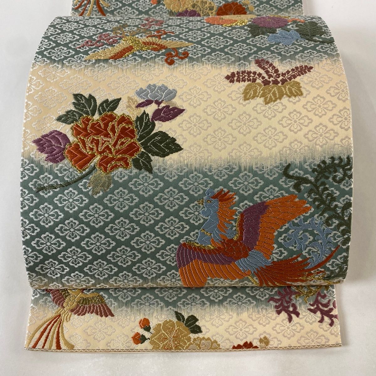 袋帯 美品 秀品 関西仕立て 鳥 草花 刺繍 金糸 灰緑 六通 正絹