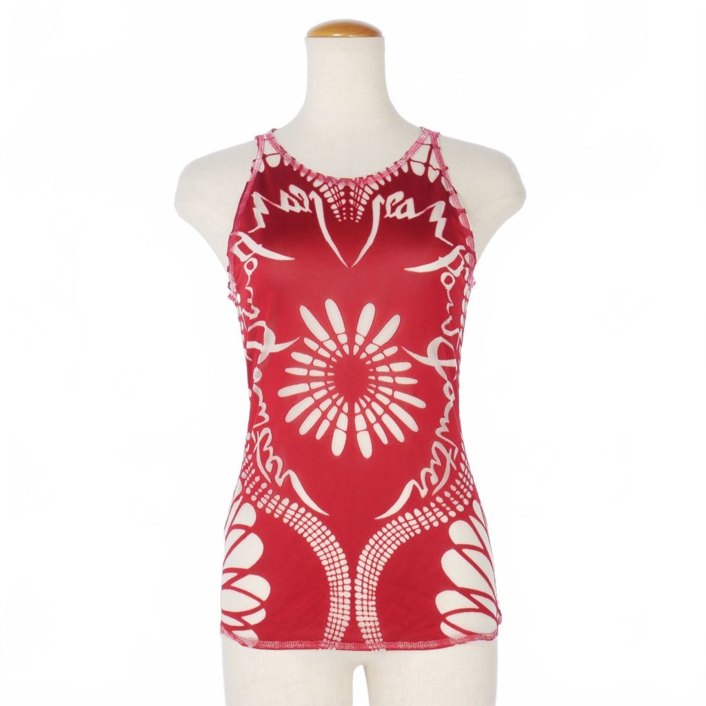 ジャンポールゴルチエ Jean Paul GAULTIER パワーネット タンクトップ ロゴ 総柄 シースルー 40 赤 レッド