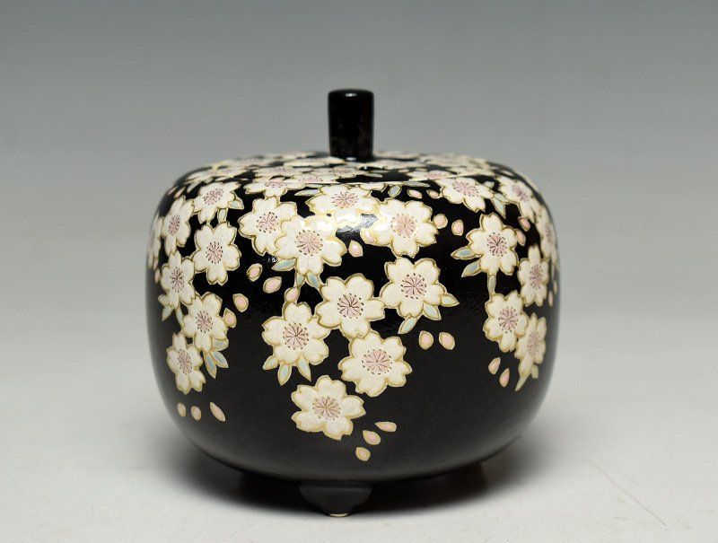 蔵A2744m 水無月窯 藤谷芳哉 色絵夜桜文 香炉 茶道具 共箱