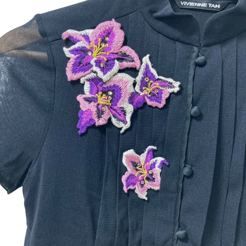 ヴィヴィアンタム 花刺繍 ビーズ刺繍 半袖ニット ブラック サイズ1*BD231 美品 VIVIENNE TAM ヴィヴィアンタム フラワー刺繍 チャイナ