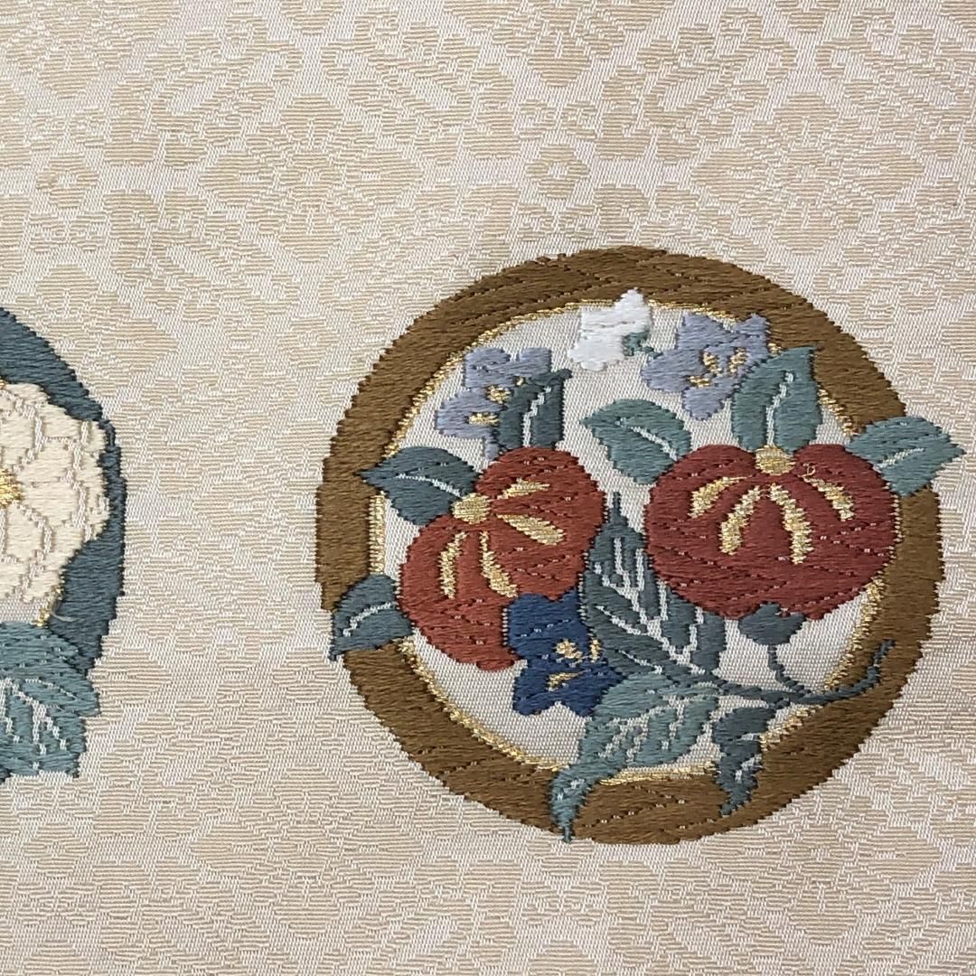 名古屋帯 唐織 丸に花模様 生成色 地模様 O-5142 名古屋帯 唐織 丸に花模様 生成色 地模様 O-5142