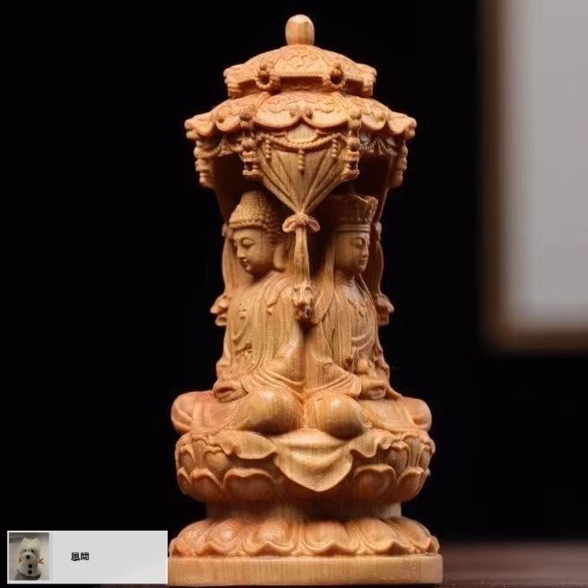 新品・未使用】木彫仏像 三面 婆娑三聖座像 阿弥陀仏三尊