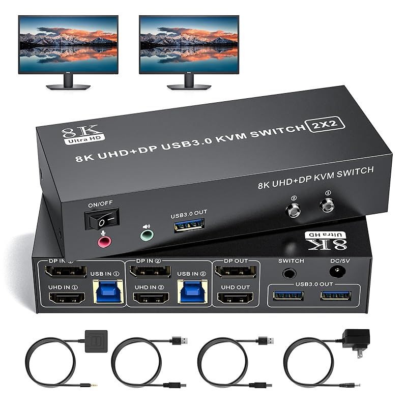 新着商品 HDMI Displayport KVM スイッチ 2 モニター 2 コンピュータ8K 60Hz 4K 60Hz 2台のコンピュータのためのデュアルモニタースイッチ 3つのUSB 3.0ポート デスクトップコントローラーの拡張|ミラーモードをサ 0
