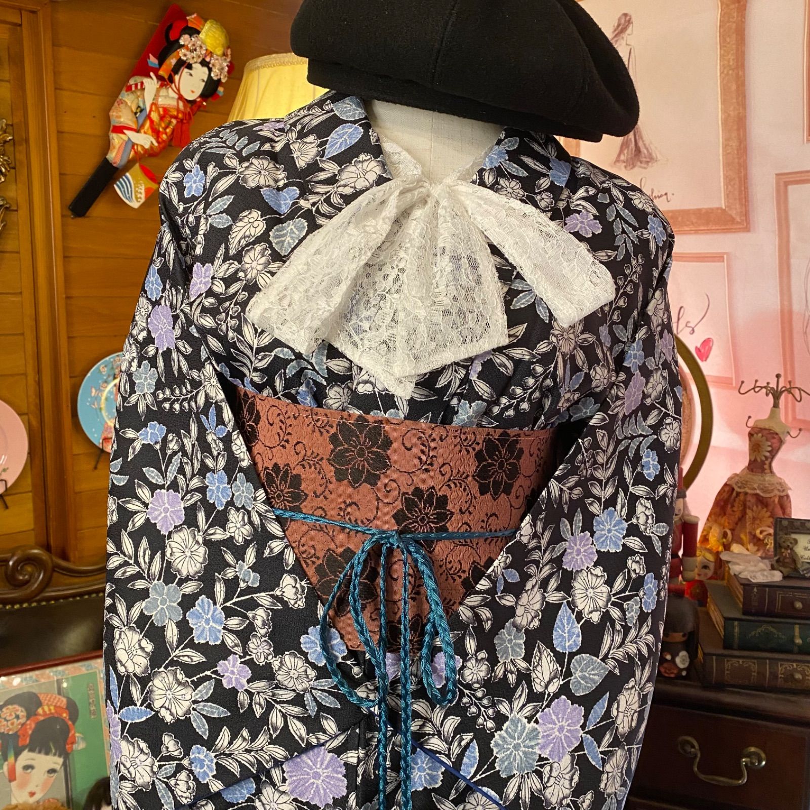 (0324)着物リメイク ハンドメイド「ワンピース」 灰 着物リメイク ワンピースの通販 | iichi 日々の暮らしを心地よくする