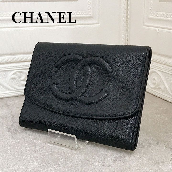 シャネル CHANEL キャビアスキン 三つ折り財布 ブラック ココマーク