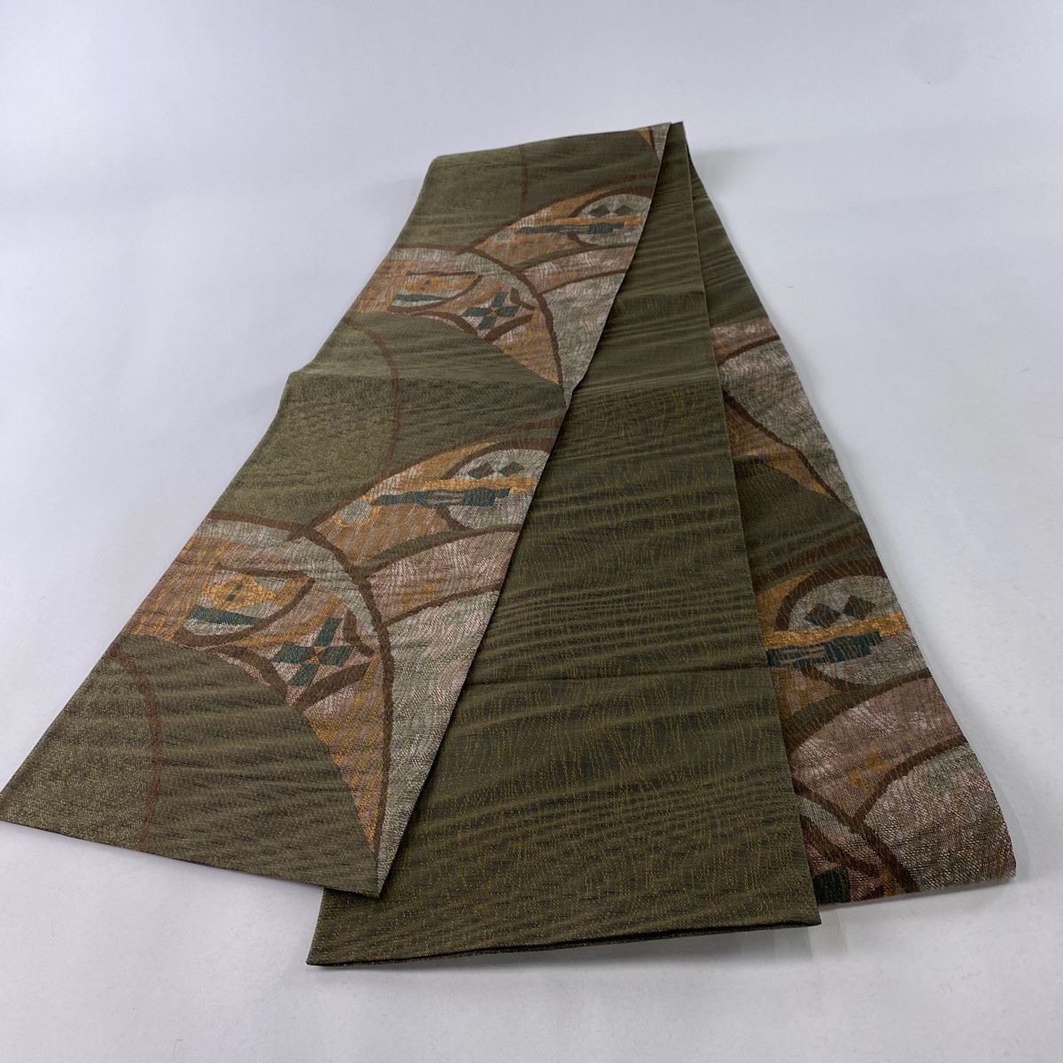 袋帯 美品 秀品 幾何学 金糸 箔 茶緑色 六通 正絹 【中古