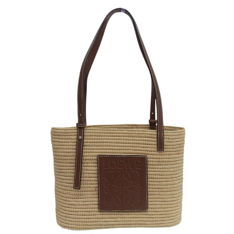 ロエベ LOEWE スクエアバスケットスモール ハンドバッグ ラフィア レザー ナチュラル タン 中古 新入荷 OB2558 ロエベ LOEWE スクエアバスケットスモール ハンドバッグ ラフィア