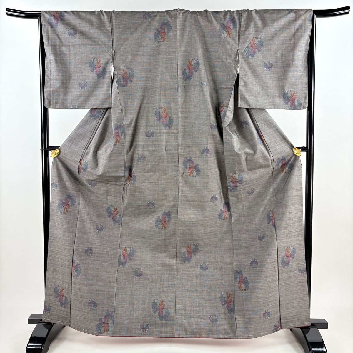 紬 身丈166.5cm 裄丈66.5cm M 袷 蝶 灰茶 正絹 秀品
