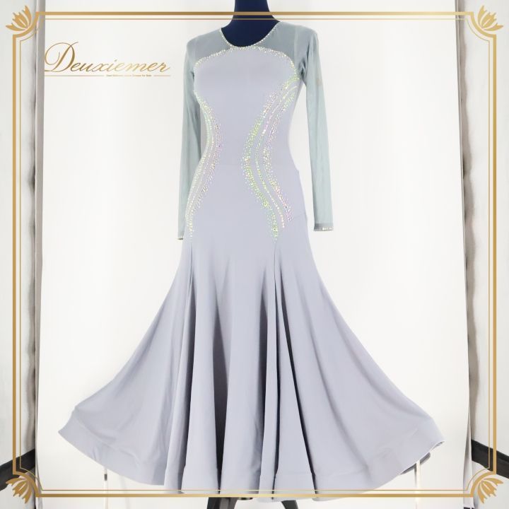 社交ダンス 衣装 スタンダード ドレ ワンピース ドレス パーティ 発表会 グレー 灰色 無地 上品 シンプル グレイ系 感 エレガント ストレッチ おしゃれ 女性用 ショー 上品デザイン パーティー用 発表会用