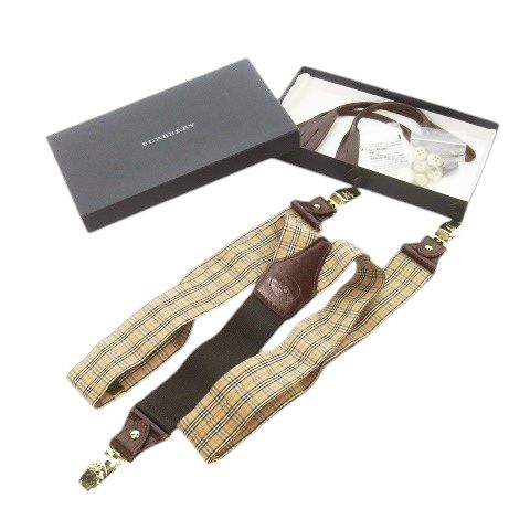 バーバリー BURBERRY12.5 Y型サスペンダー クリップエンド レザーエンド ファブリック レザー ロゴ刻印 ノバチェック 茶 ブラウン ベージュ MN4 GY11