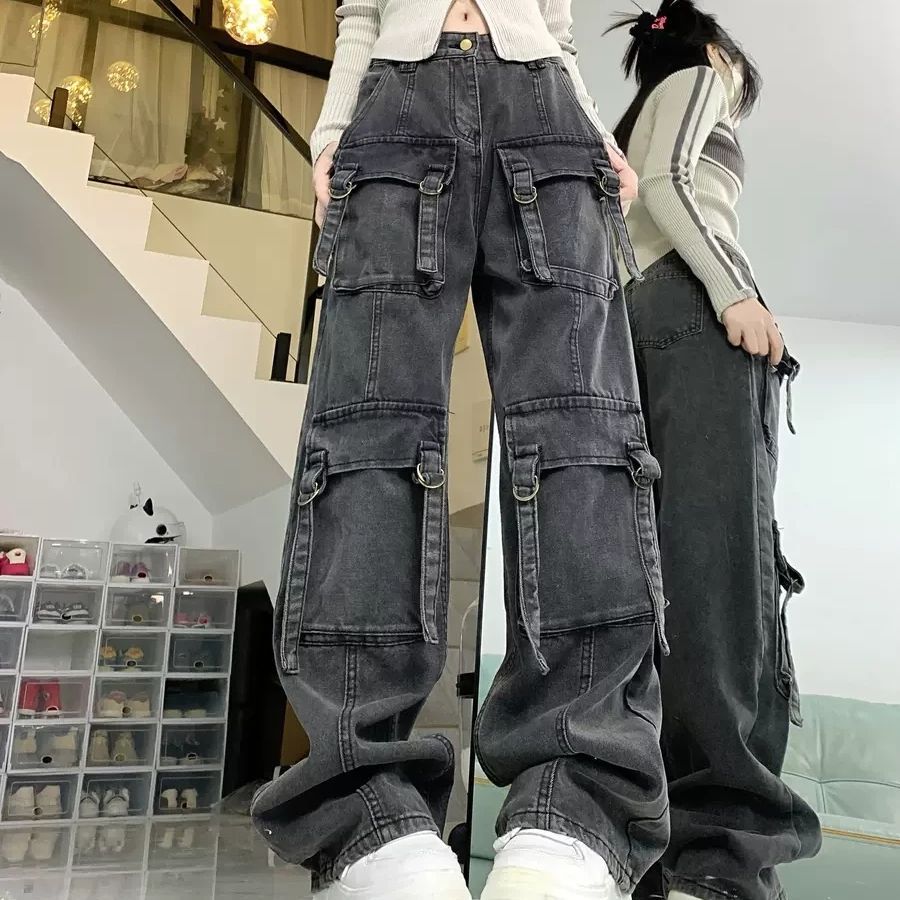 カーゴデニム ベルトデザイン ブラック ポケット ワイドパンツ