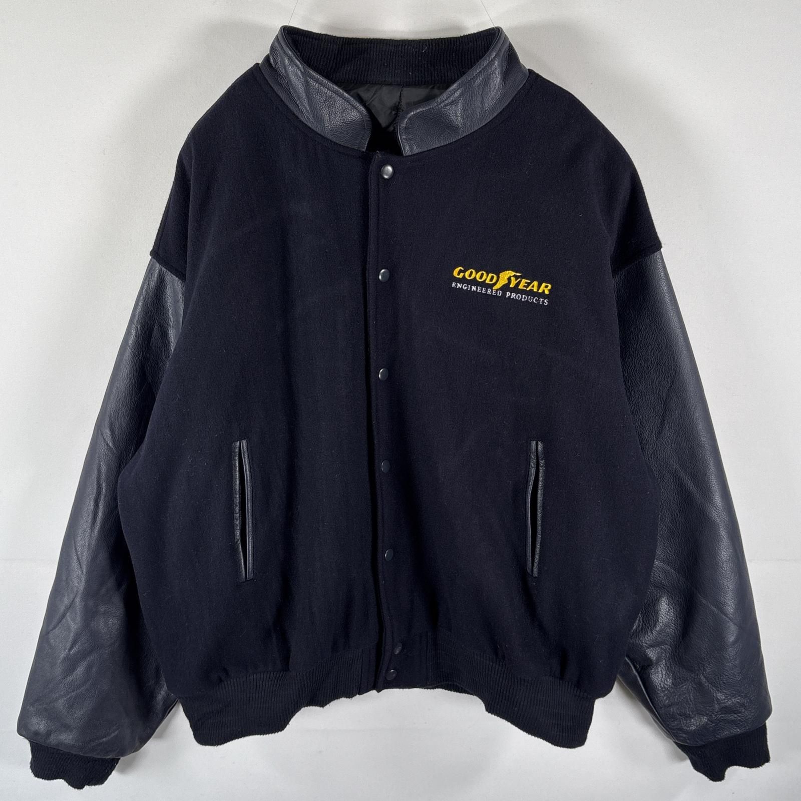 古着 カナダスポーツウェア CANADA SPORTS WEAR スタジャン レザー アワードジャケット 企業ロゴ刺繍 GOODYEAR 大きいサイズ XXL ブラック メンズ