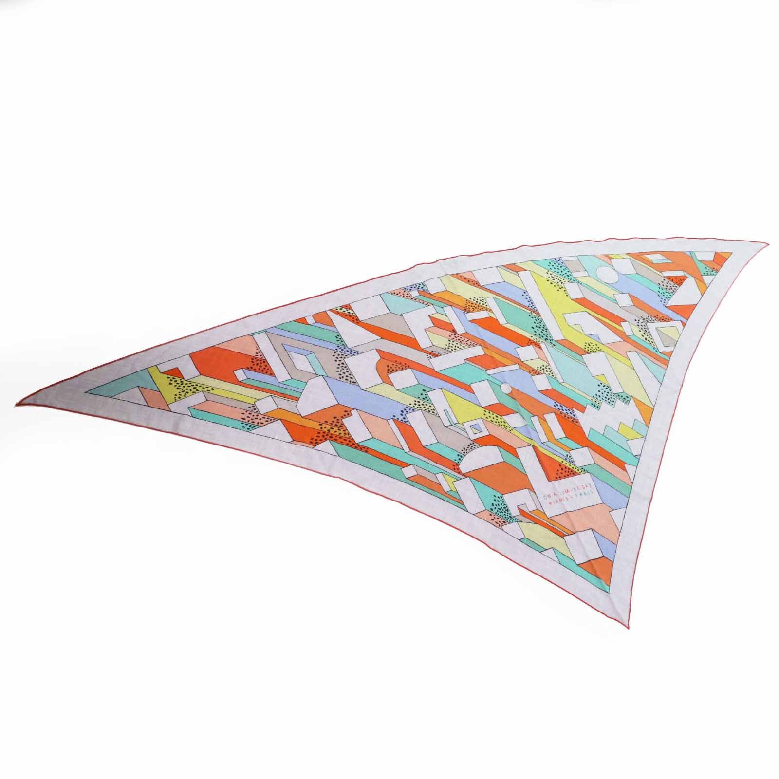 ◎HERMES エルメス H363048S HTH2305 トライアングルジェアン ON A SUMMER DAY オンアサマーデイ カシミヤ シルク ストール スカーフ マルチ フランス製 レディース