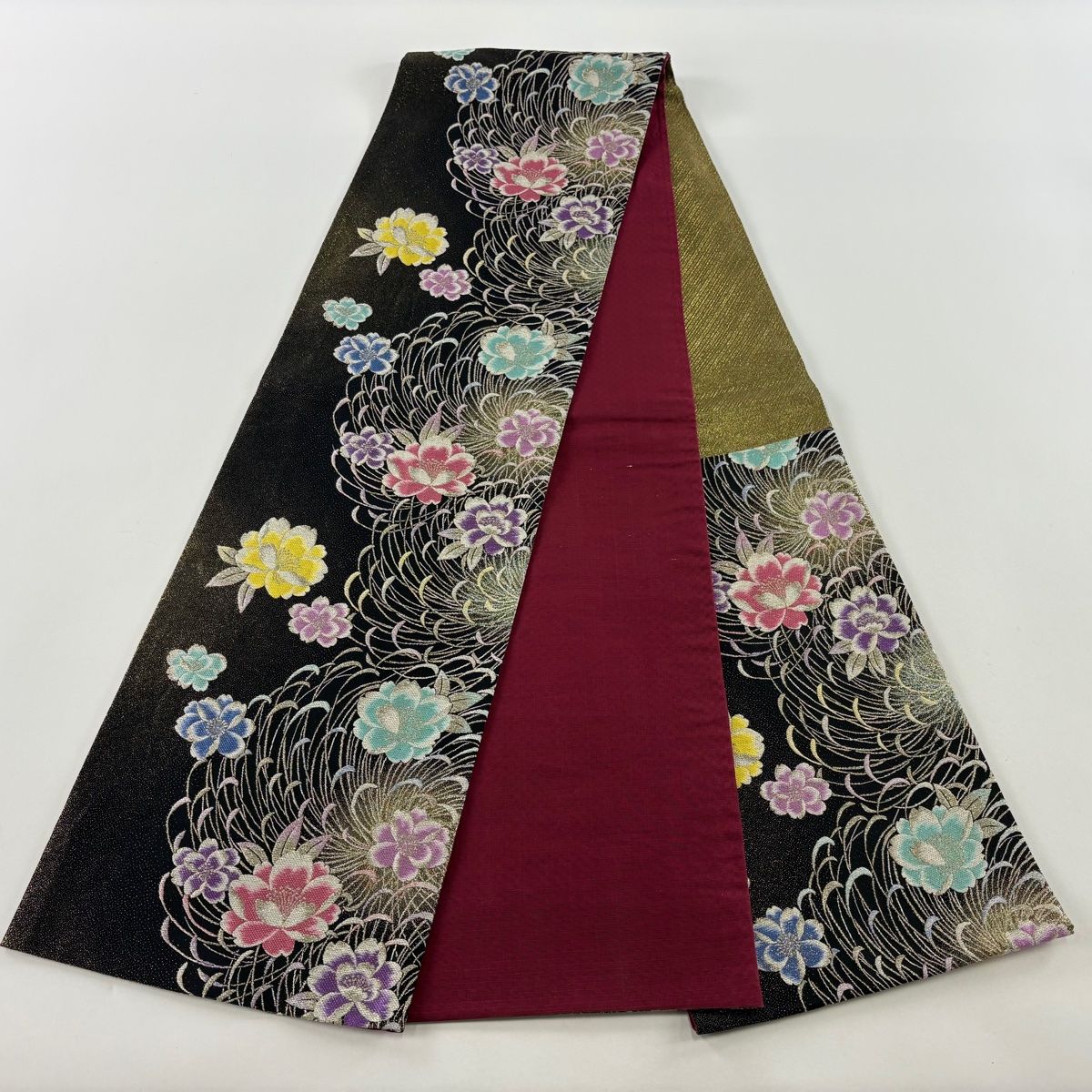 【最終値下げ!!】13y37★薔薇文 袋帯 六通 小桜 ガーベラ★美品 袋帯 美品 秀品 桜 花びら 金銀糸 箔 黒 六通 正絹 【中古
