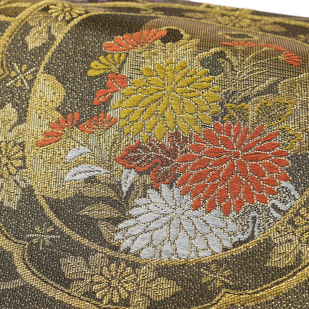 付け帯 中古 袋帯 二重太鼓 正絹 作り帯 黒地 金 雪輪 菊 桜
