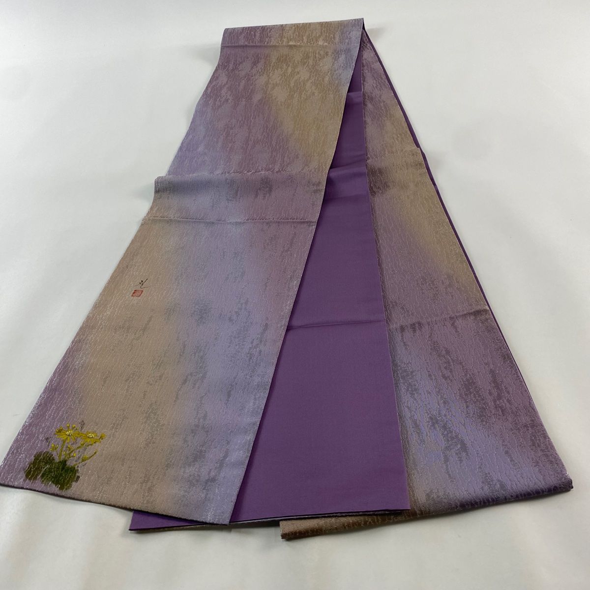 m*n様 1210 華 袋帯 正絹 華紋 銀 ピンク 唐織り 華紋 銀糸 袋帯 正絹 シルバー グレー 237 | kimono Re