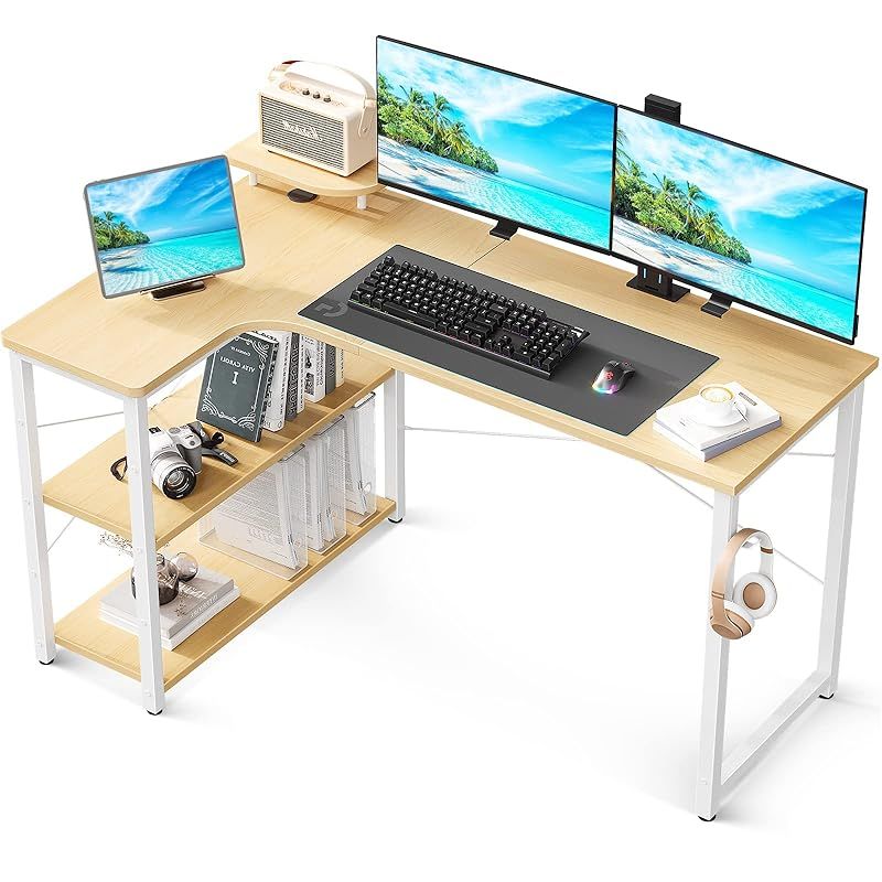 ODK パソコンデスク L字 ゲーミングデスク 幅130 L字デスク pcデスク デスク 机 ラック付き 収納 コーナーデスク オフィスデスク 在宅勤務 組立簡単 書斎 ナチュラル 左棚 0