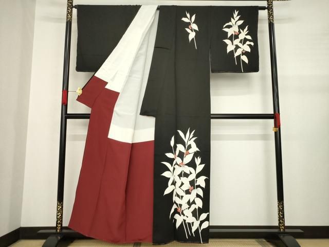 平和屋着物○訪問着 刺繍 南天文 黒地 正絹 逸品 未使用 AABA7936ck