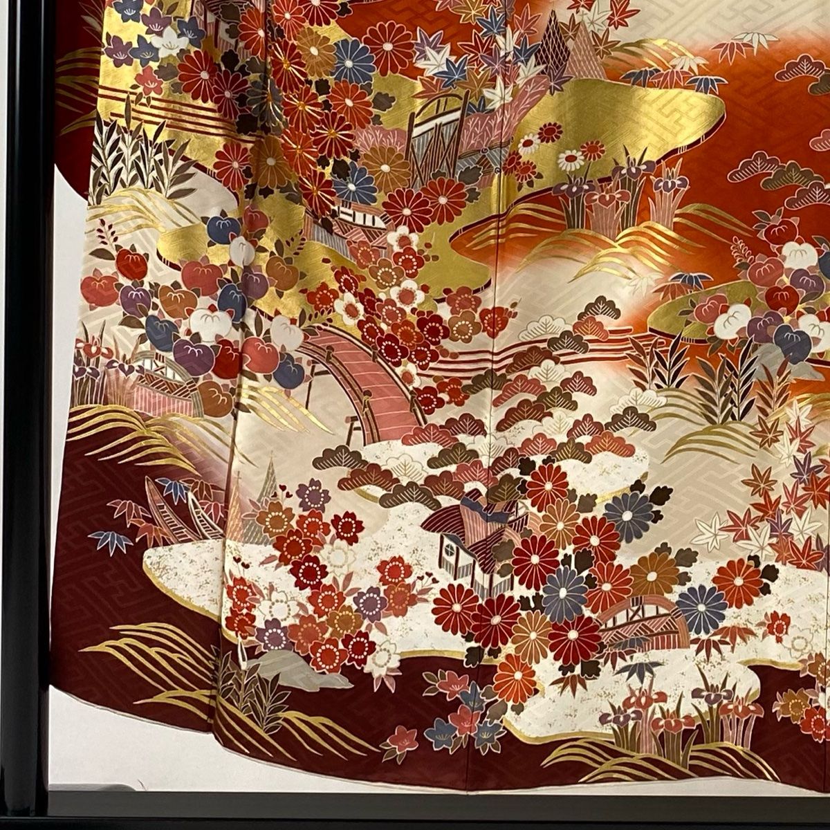振袖 身丈153.5cm 裄丈63.5cm S 袷 草花 家屋 金糸 金彩 朱色 正絹 秀品