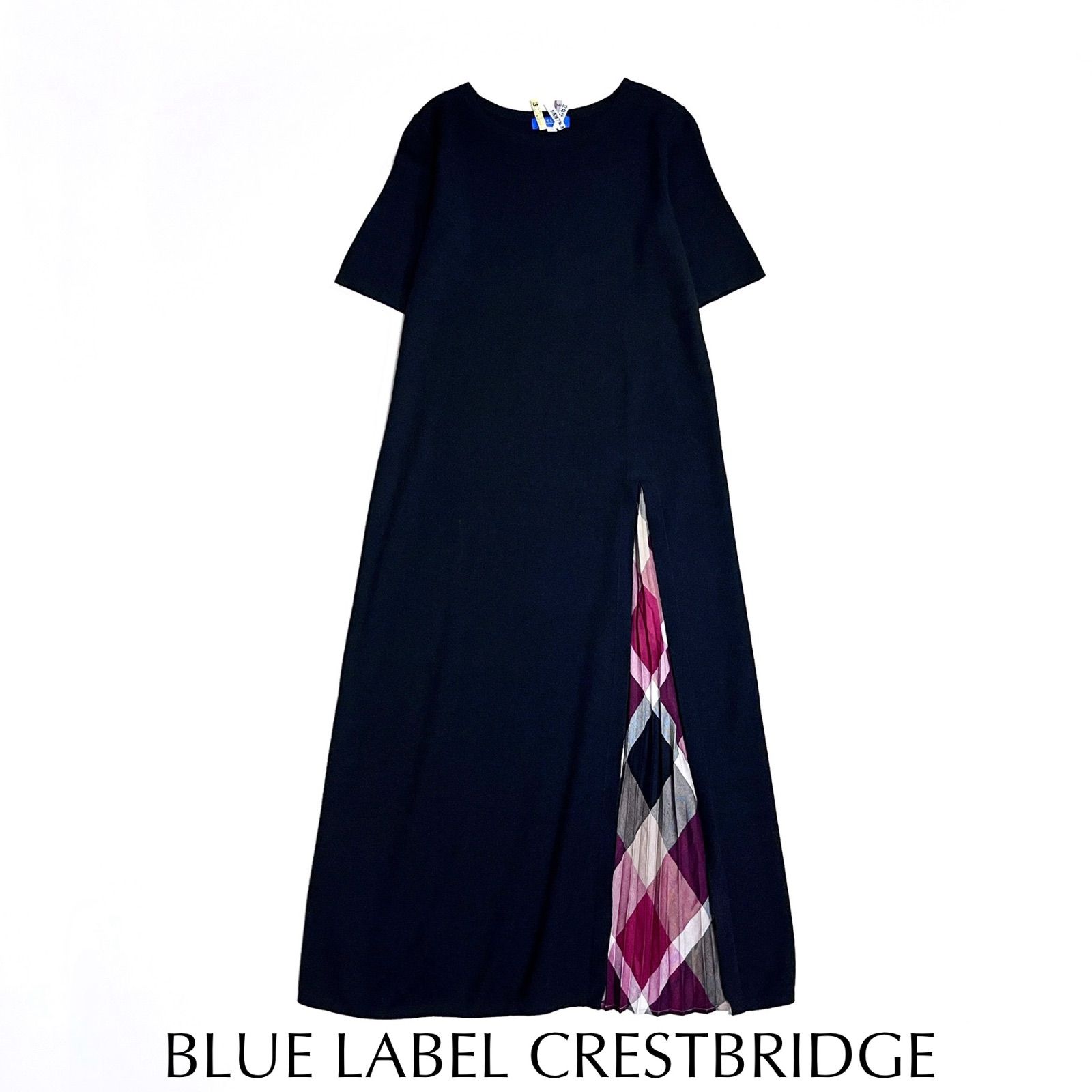 ci108 BLUE LABEL CRESTBRIDGE ニットレイヤードワンピース プリーツ ニットワンピース ロング丈 半袖 ショートスリーブ