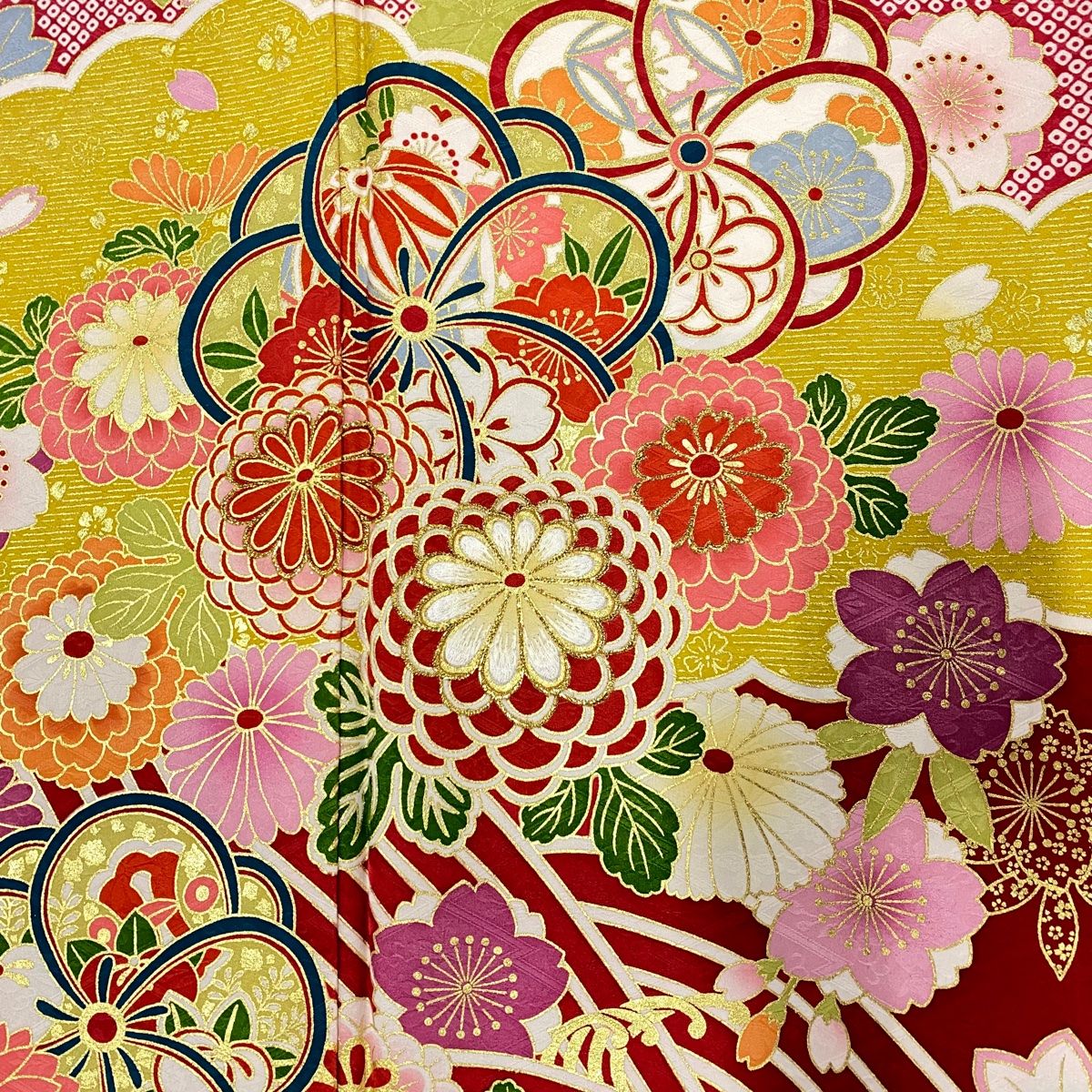 振袖 身丈172.5cm 裄丈71cm L 袷 草花 雲文 箔 金彩 赤 正絹 美品 名品  