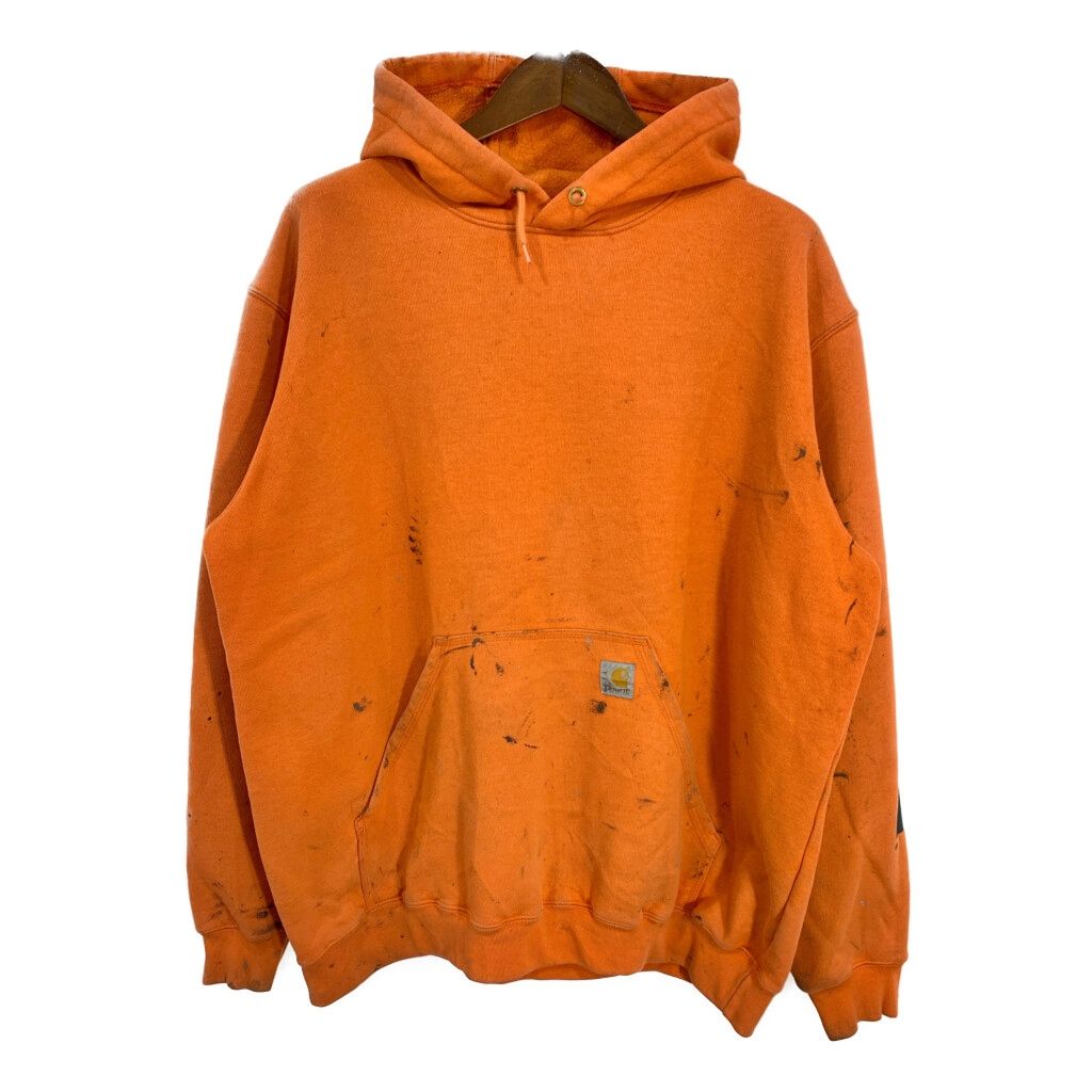Carhartt カーハート ペイント スウェット パーカー ワンポイントロゴ オレンジ (メンズ XL) 中古 古着 t0513