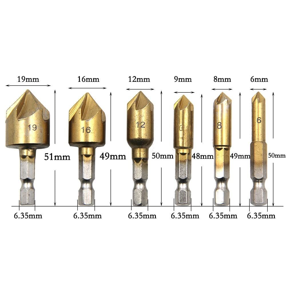 面取りカッター ドリルビット 6本セット 六角軸 面取りビット 6～19mm バリ取り 皿取り錐ドリル 皿取錐 下穴錐 座ぐり 5枚刃 - メルカリ