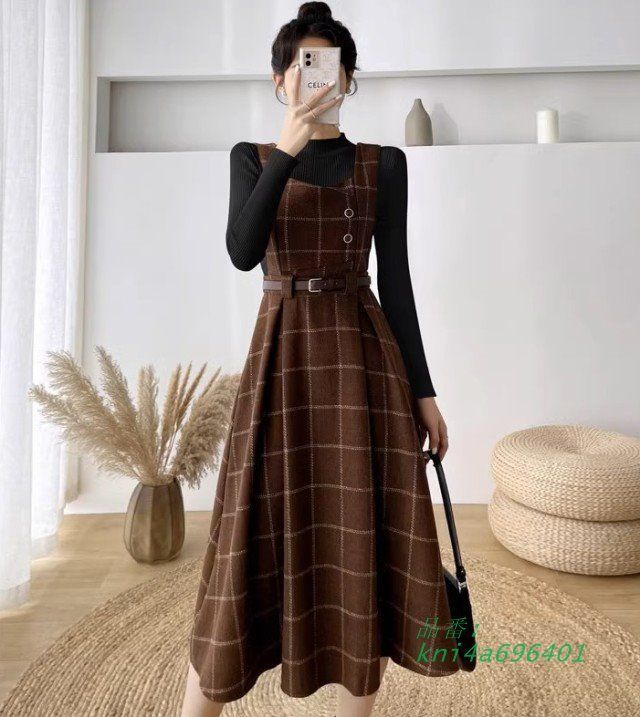 チェック柄 ジャンパースカート 秋冬 フAライン ワンピース レディース 冬 フェミニン レディース クラシカル レトロ ジャンスカ 大きいサイズ 秋 ミモレ丈 kni4a696401