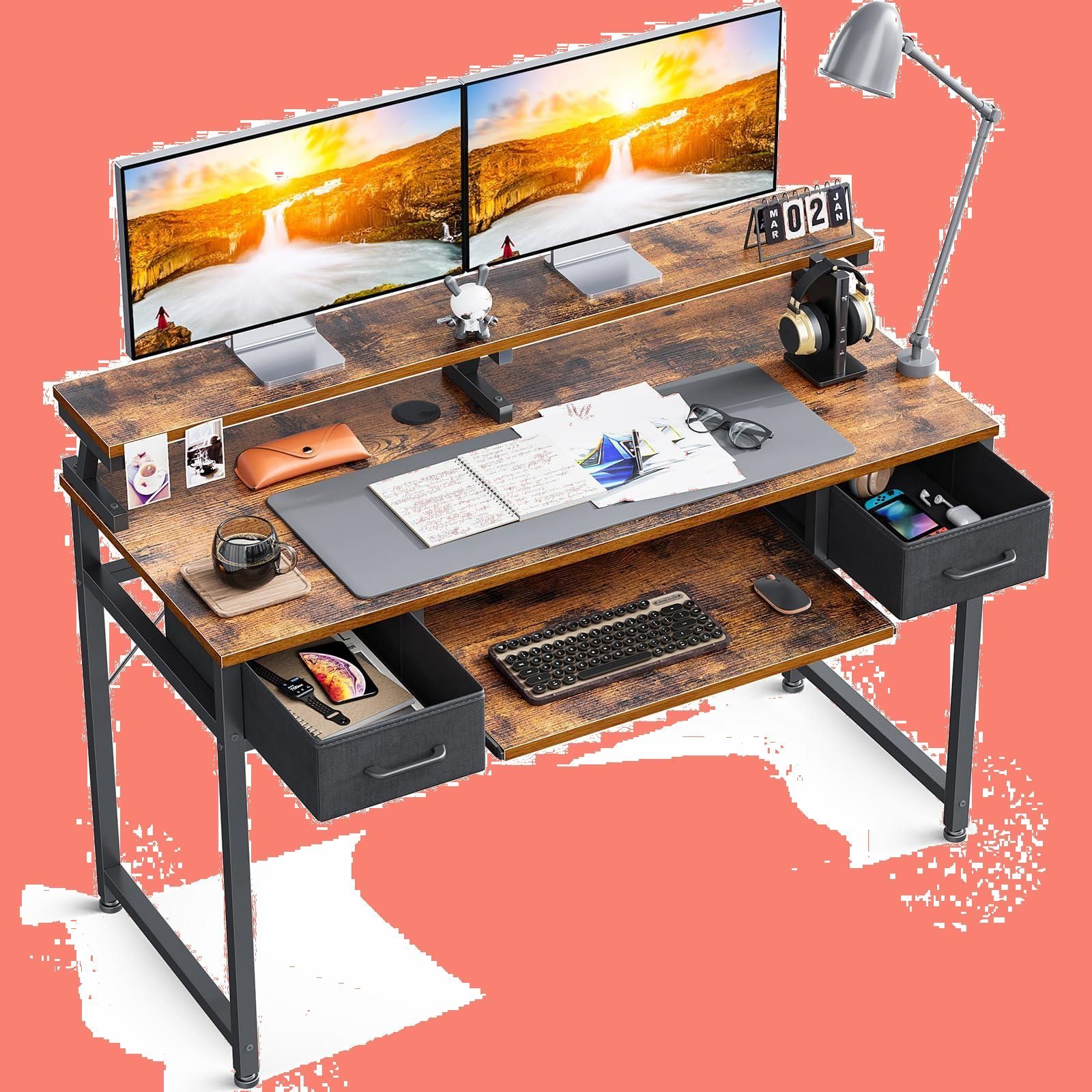 商品 pcデスク 机 引き出し2杯付き ゲーミングデスク モニター台付き 幅120cm おしゃれ 省スペース キーボードスライダー付き 一人暮らし パソコンデスク 在宅ワーク ODK ビンテージ