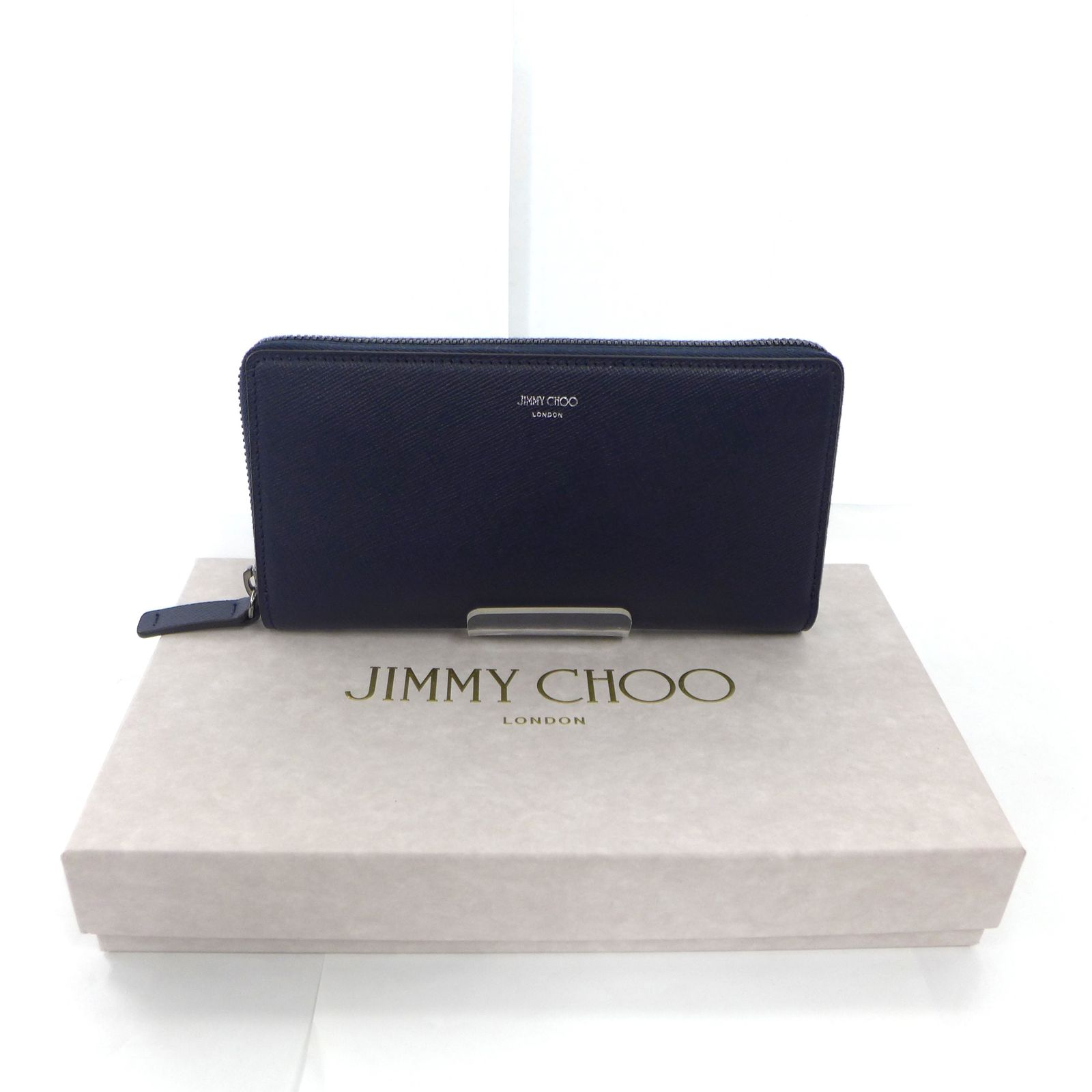 未使用品 お勧め ジミーチュウ PHELIX ラウンドファスナー長財布 ネイビー 青 ウォレット メンズ 公田店