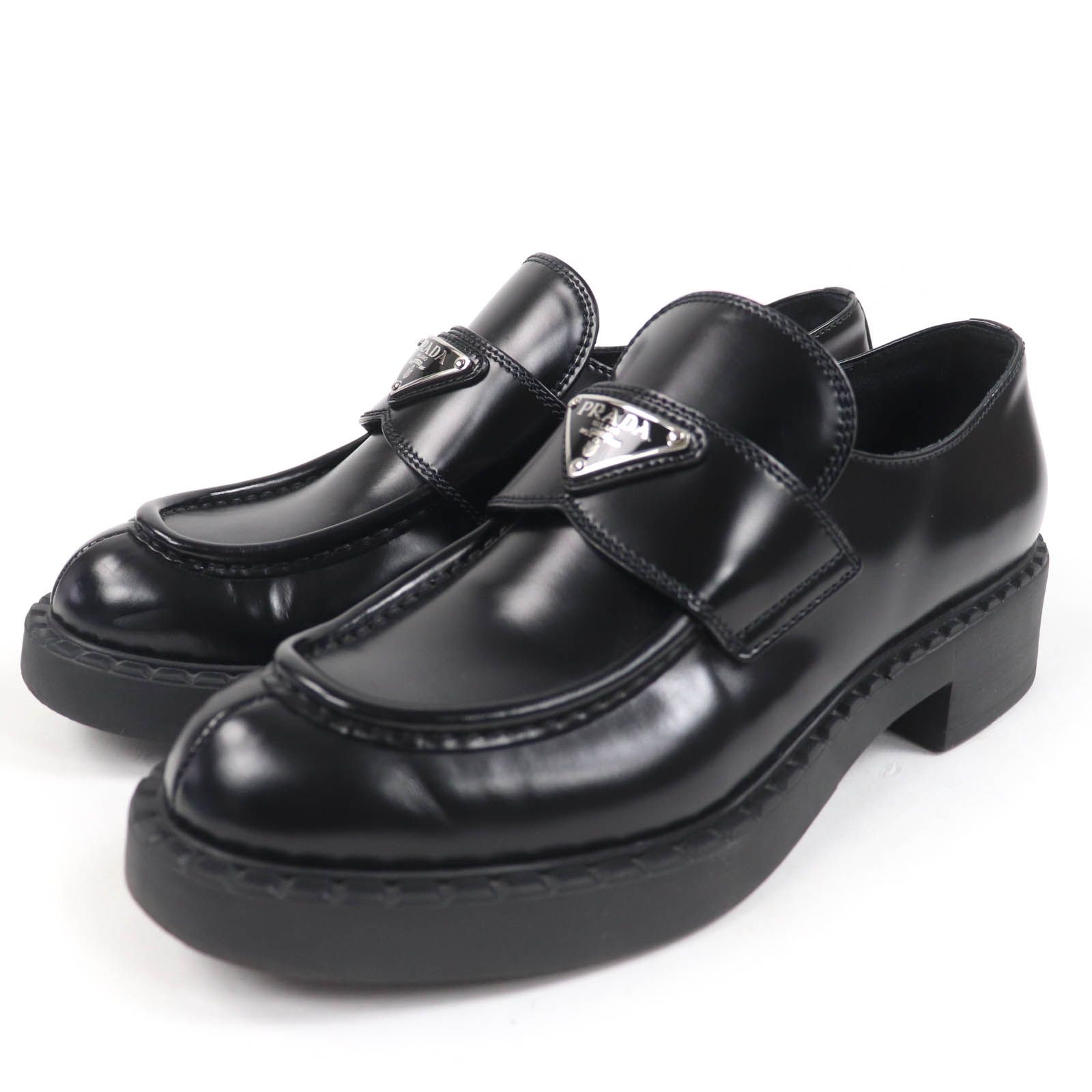 PRADA プラダ 1D246M チョコレート ブラッシュドレザー ローファー トライアングルロゴ ブラック 37.5 箱 保存袋付き イタリア製 レディース