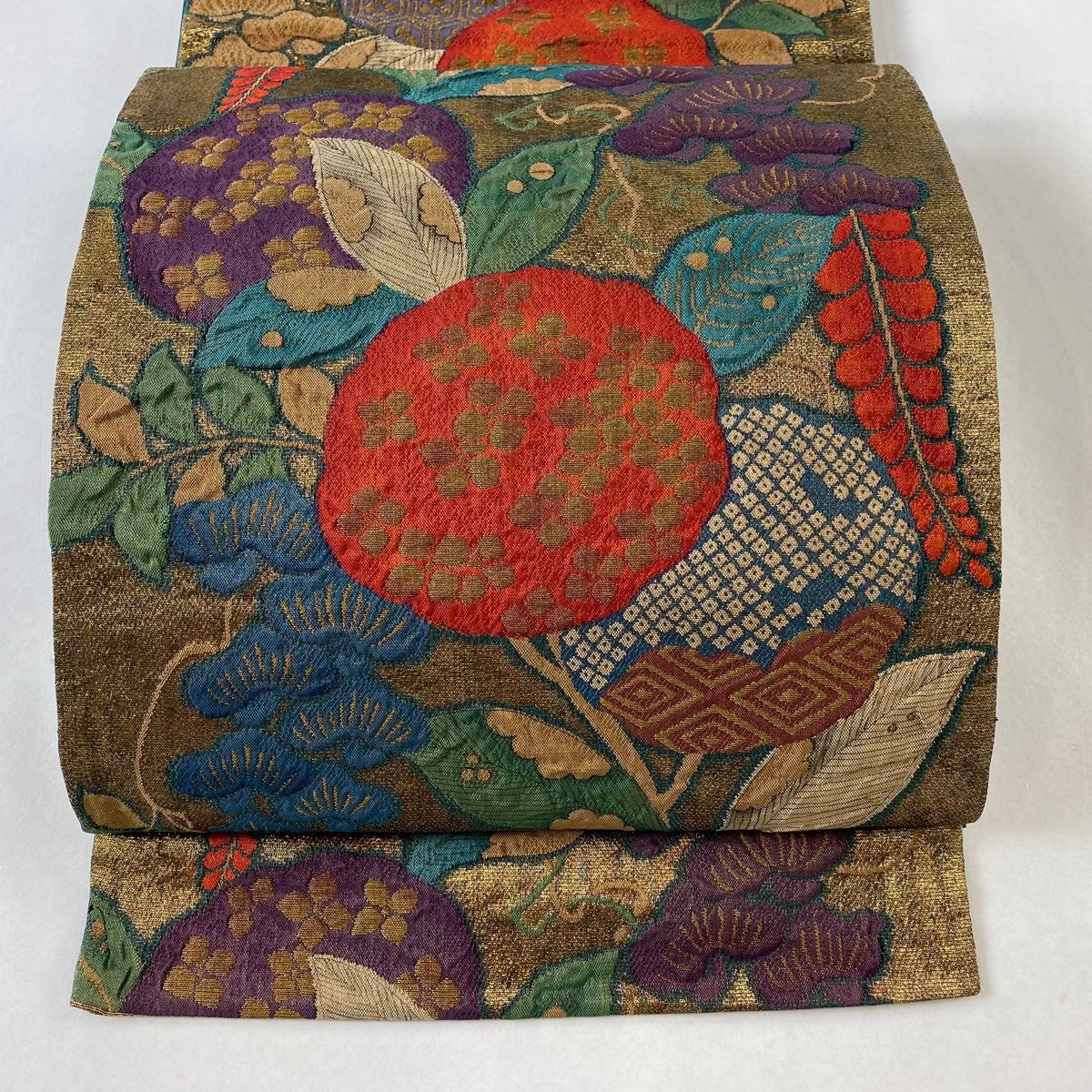 袋帯 名品 枝花 松 金糸 箔 青緑 六通 正絹
