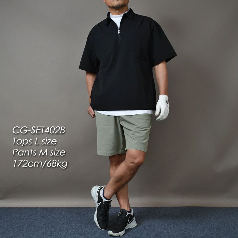 PPG ゴルフメンズセットアップ 新品【COMONGOLF/コモンゴルフ】ビッグシルエット半袖ハーフZIP